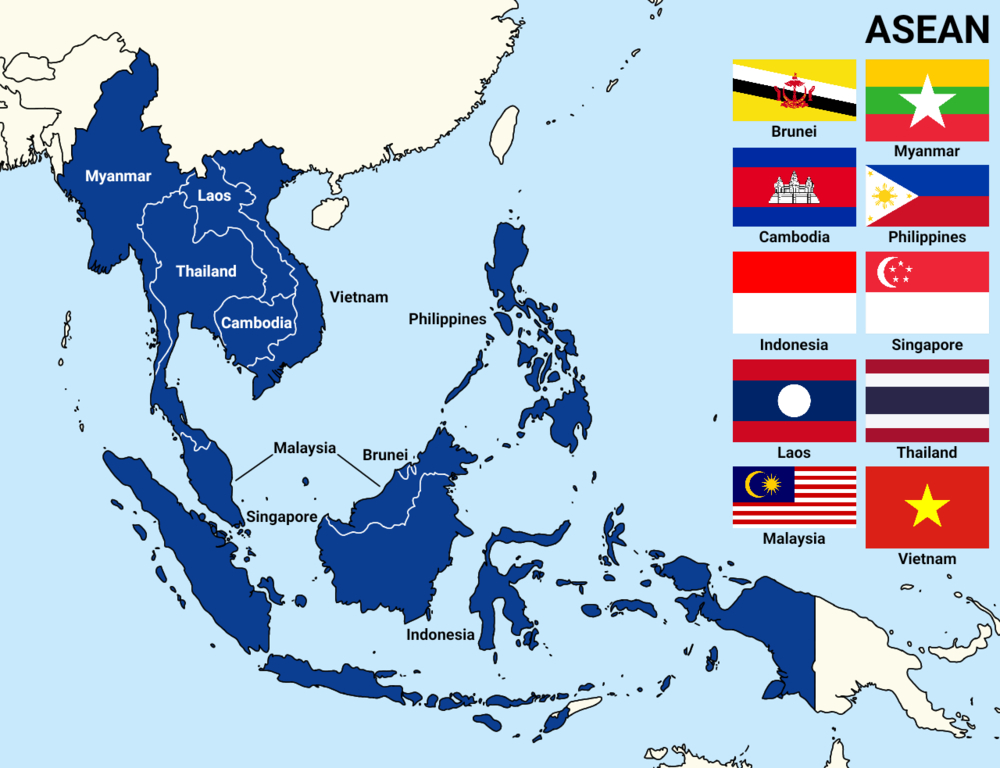 A map of the ASEAN nations, with member states shaded in dark blue, along with each country’s flag.