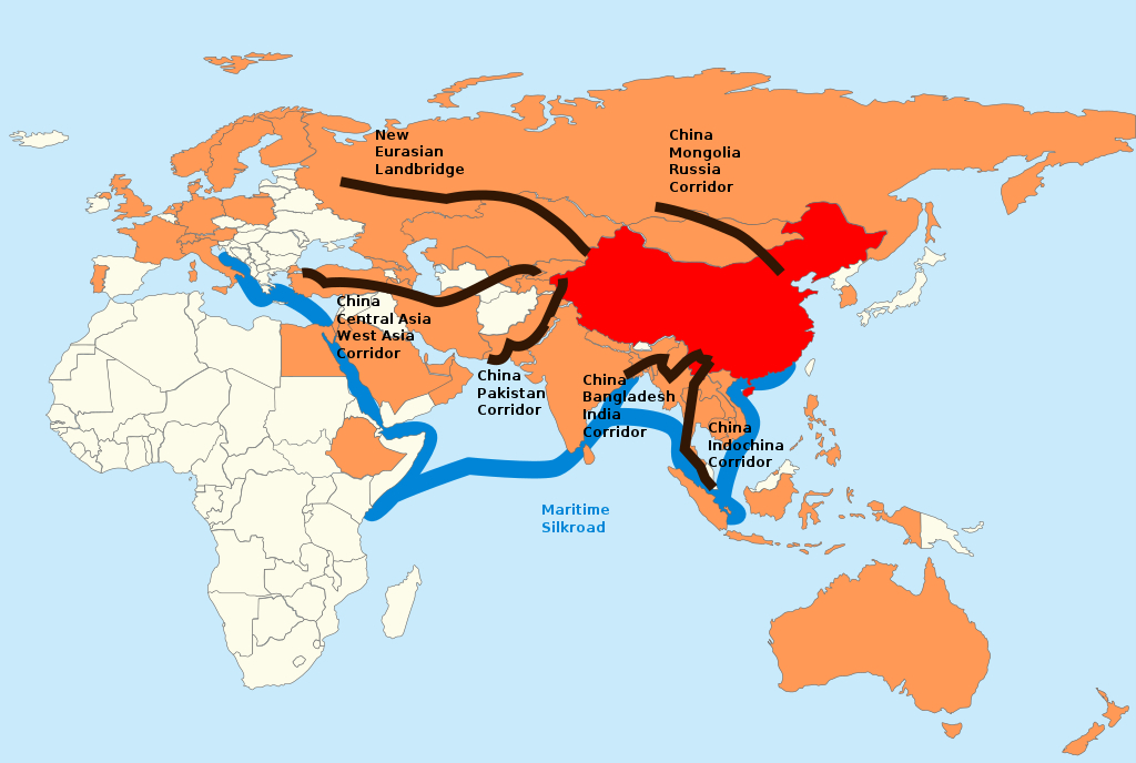 A world map showing progress in the Chinese One Belt, One Road initiative in 2017.