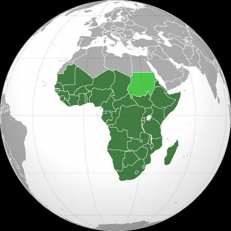 A world map with Sub-Saharan Africa shaded in green