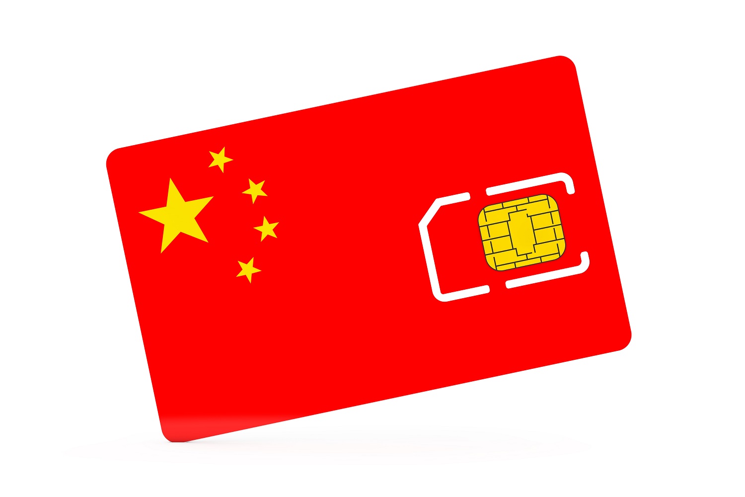 A mobile phone SIM card chip decorated in the colors of the Chinese flag.