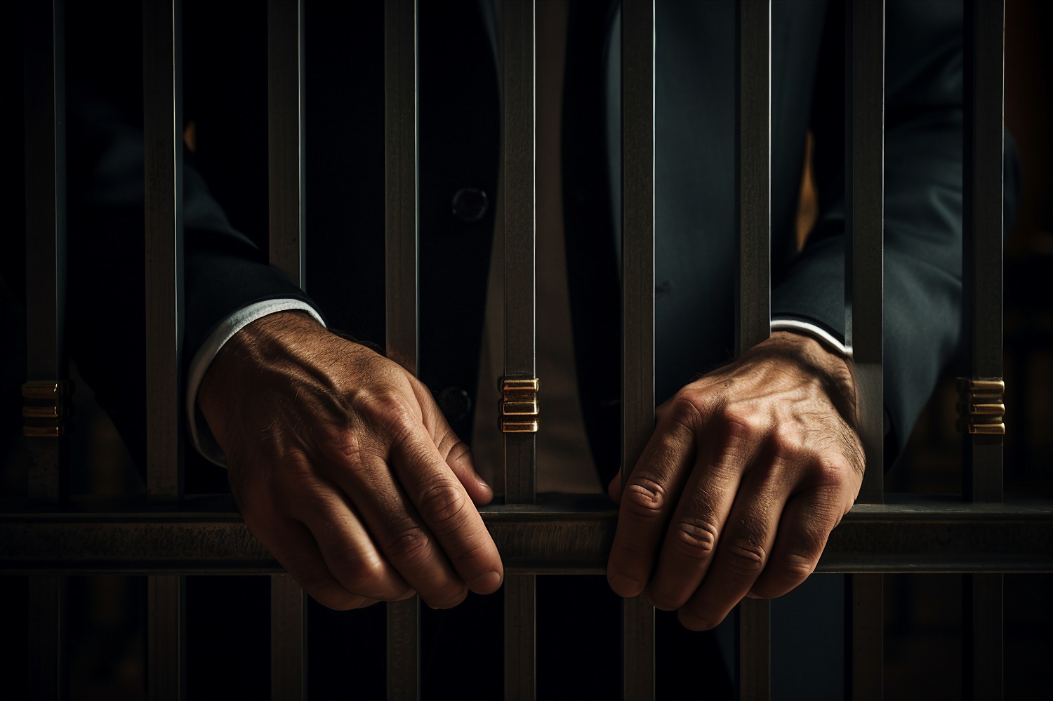 A person wearing a suit holds a bar on a locked prison cell door.