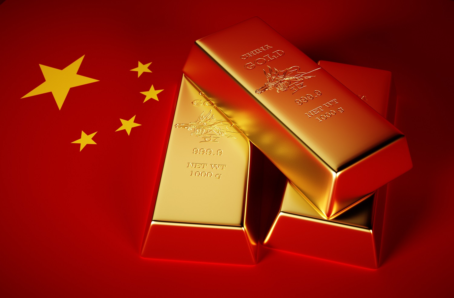 Gold bars against the background of the Chinese flag.