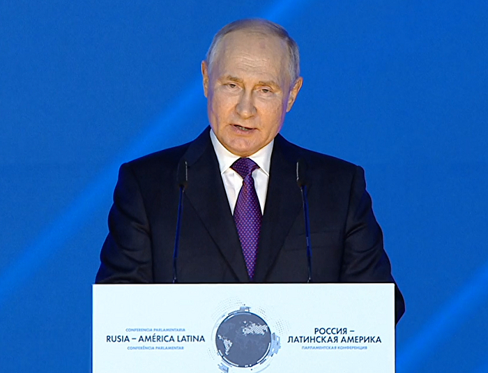Russian President Vladimir Putin addresses the Russia - Latin America conference.