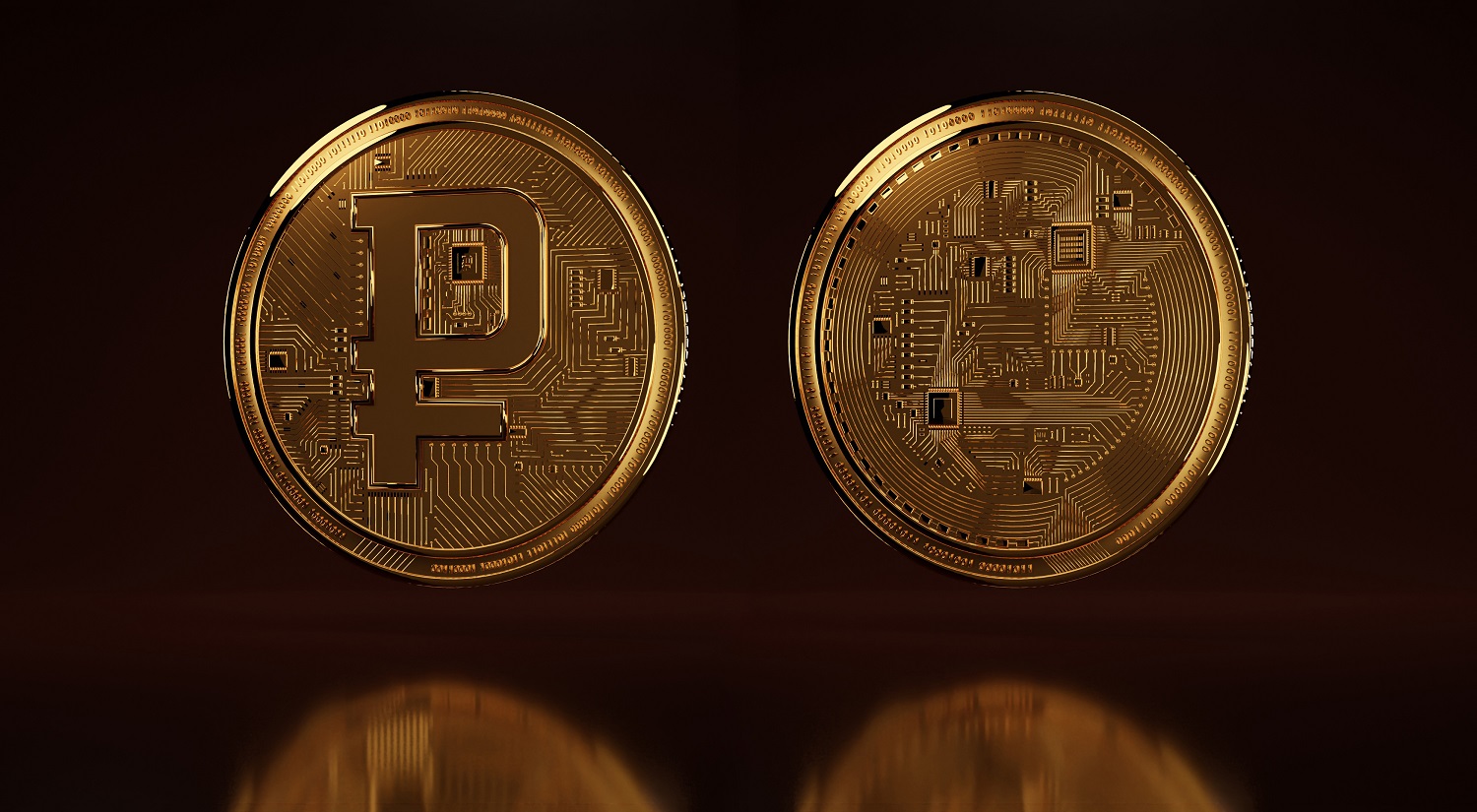 2 golden coins meant to represent the Russian digital ruble.