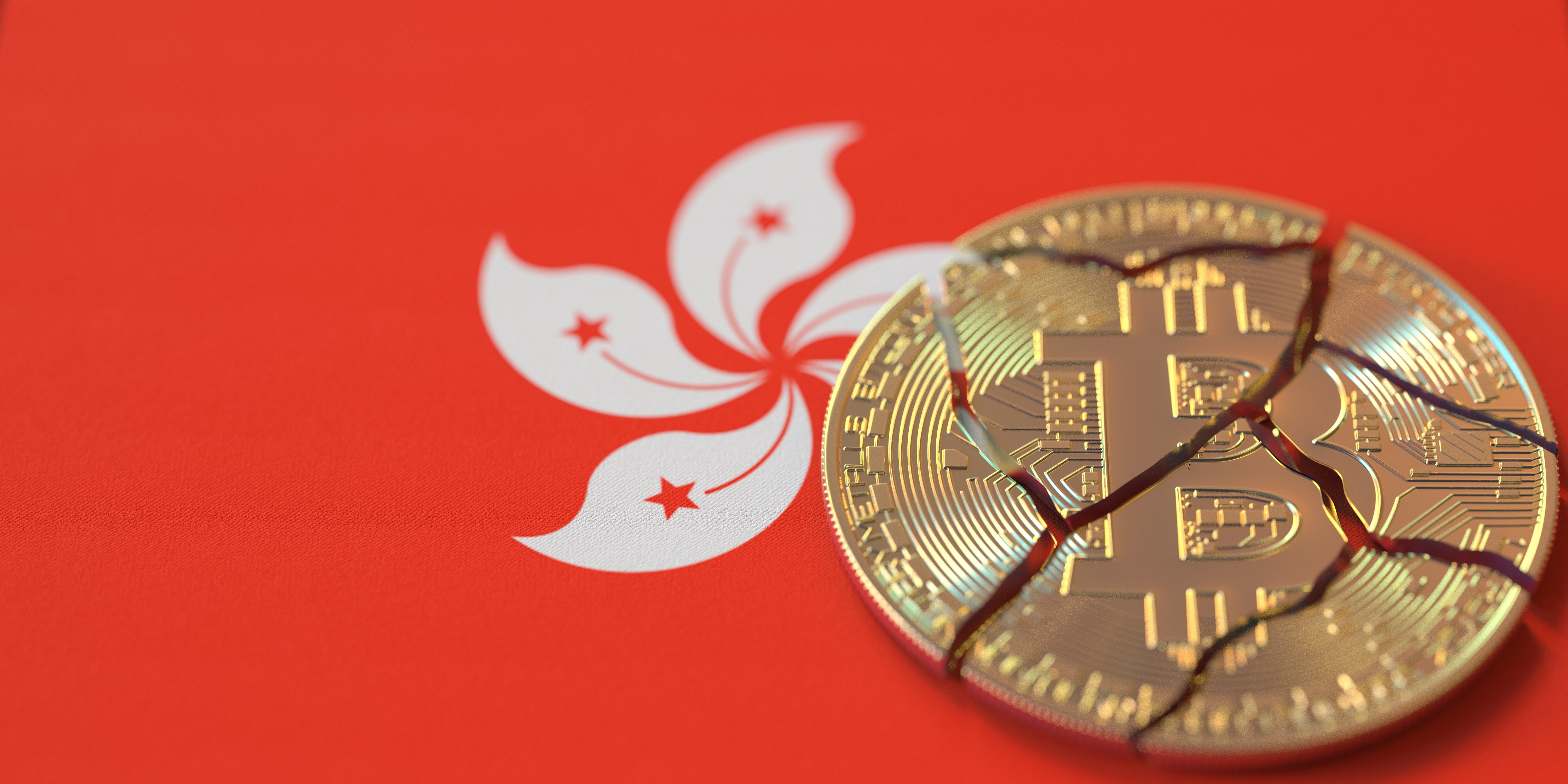 Image of a cracked Bitcoin, and Hong Kong flag, symbolizing crypto crackdown after JPEX scandal
