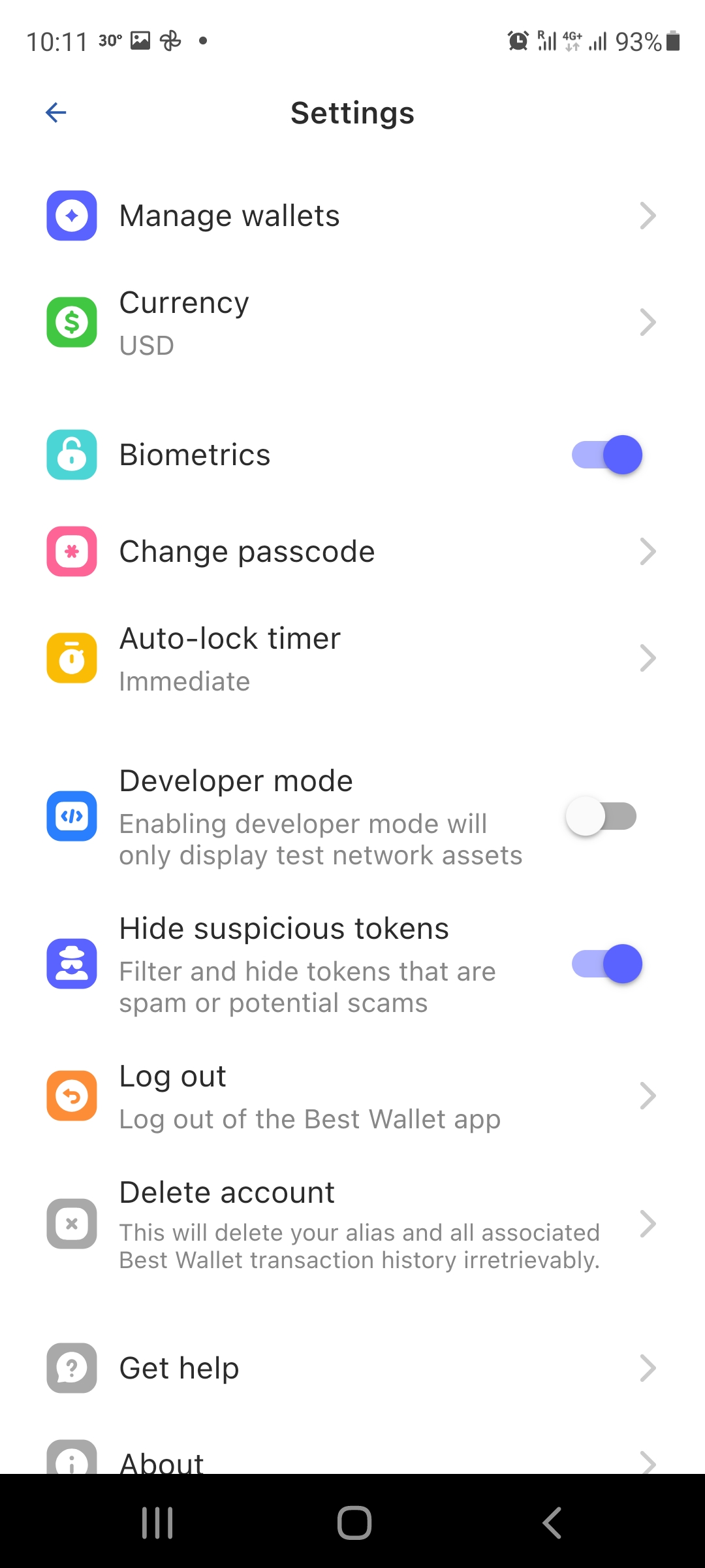 Best Wallet app settings
