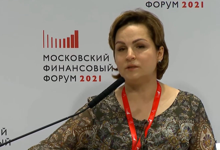 Alla Bakina, the head of the Russian Central Bank’s National Payment System department, speaks at the Moscow Financial Forum in 2021.