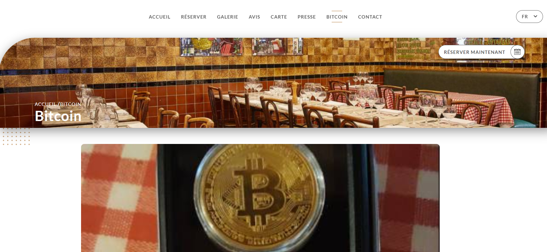 A page dedictaed to Bitcoin on a resturant&#039;s website.