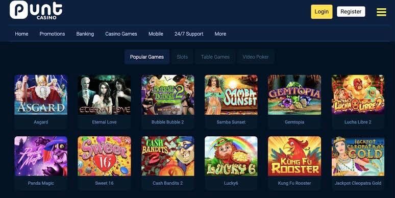 punt casino dashboard with popular bitcoin casino games to play