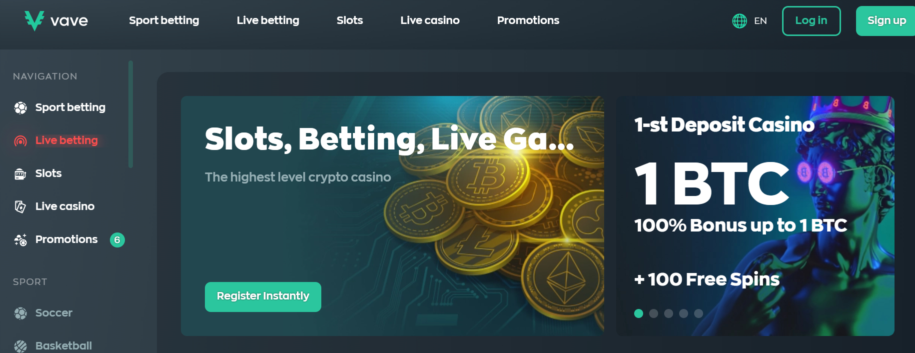 vave casino home page with options to choose from