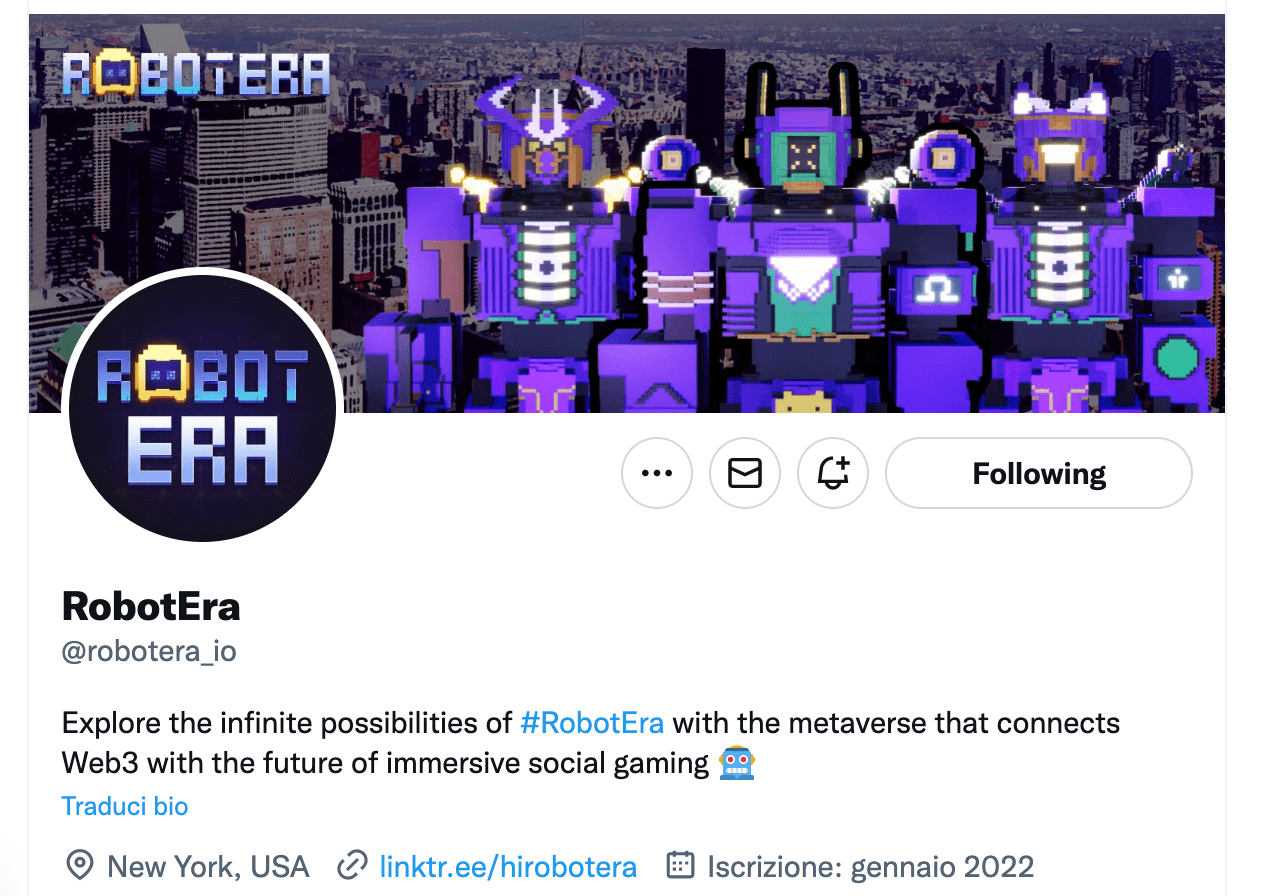 pagina Twitter di RobotEra le pi&amp;amp;amp;amp;amp;amp;ugrave; futuribile delle crypto metaverso