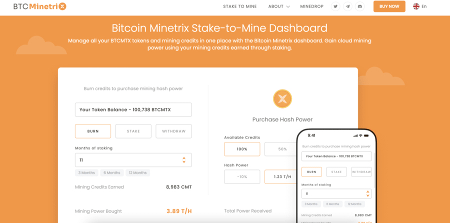 Bitcoin Minetrix stake to mine dashboard