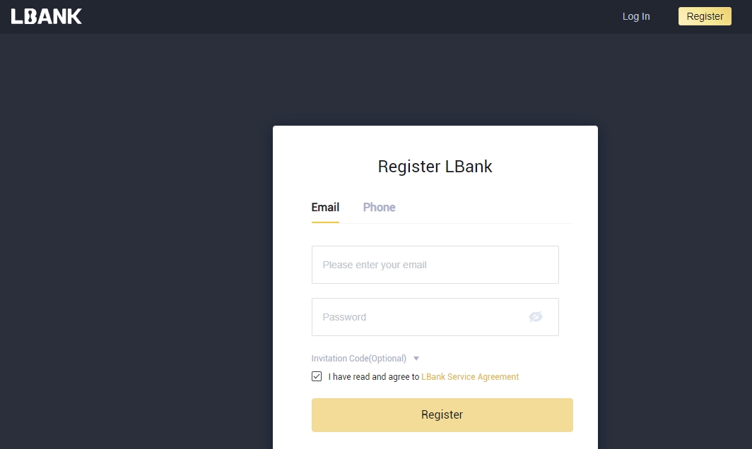 LBank registration page