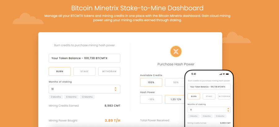 Bitcoin Minetrix stake to mine dashboard