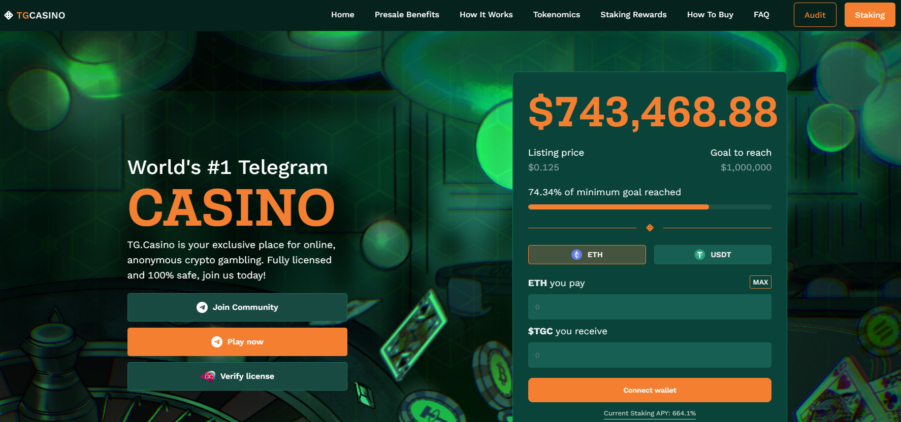 TG Casino token presale page