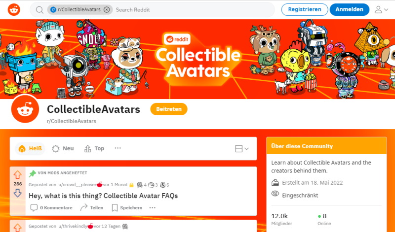 Reddit NFT Kollektion: Collectible Avatars