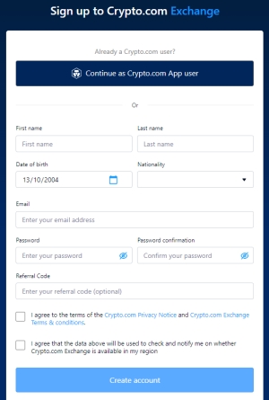 Sign up crypto.com page
