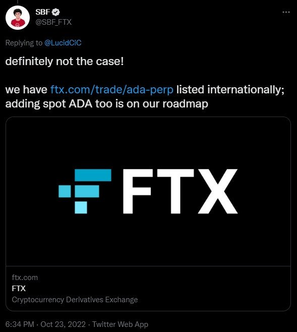 Il tweet di Sam Bankman-Fried, CEO di FTX
