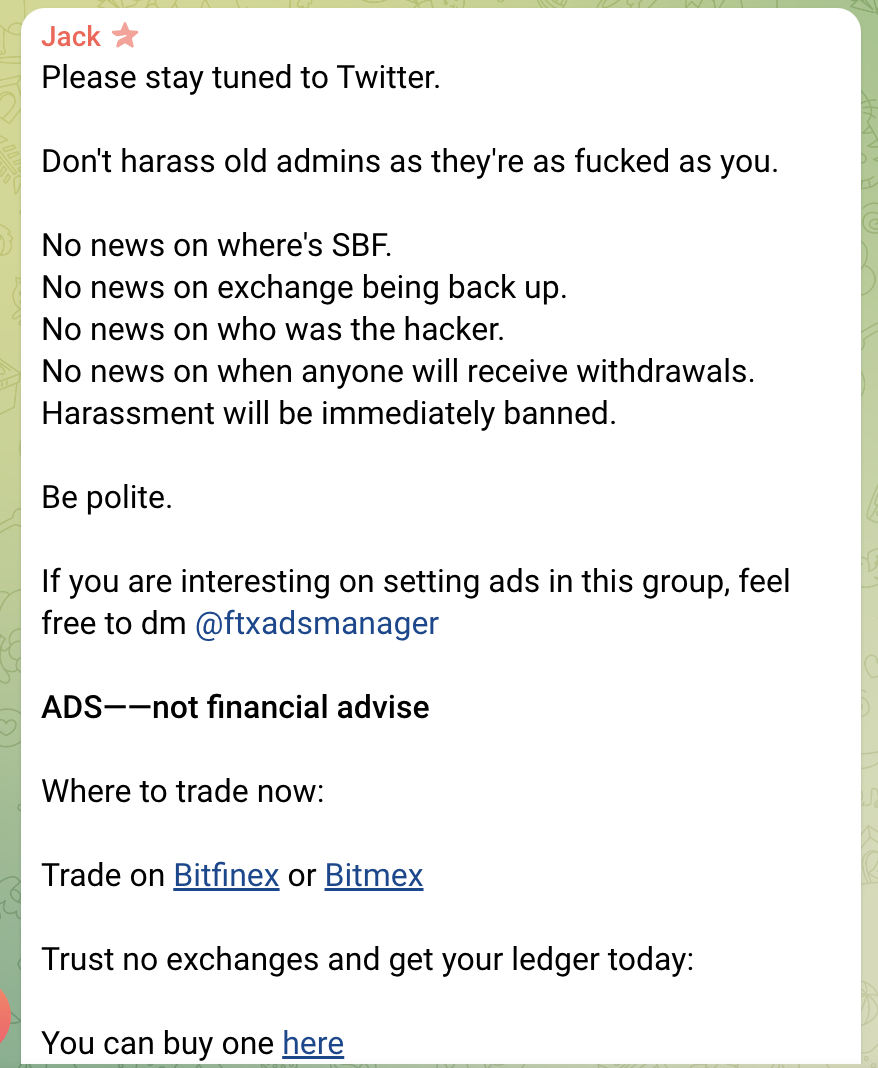 FTX official telegram admin message