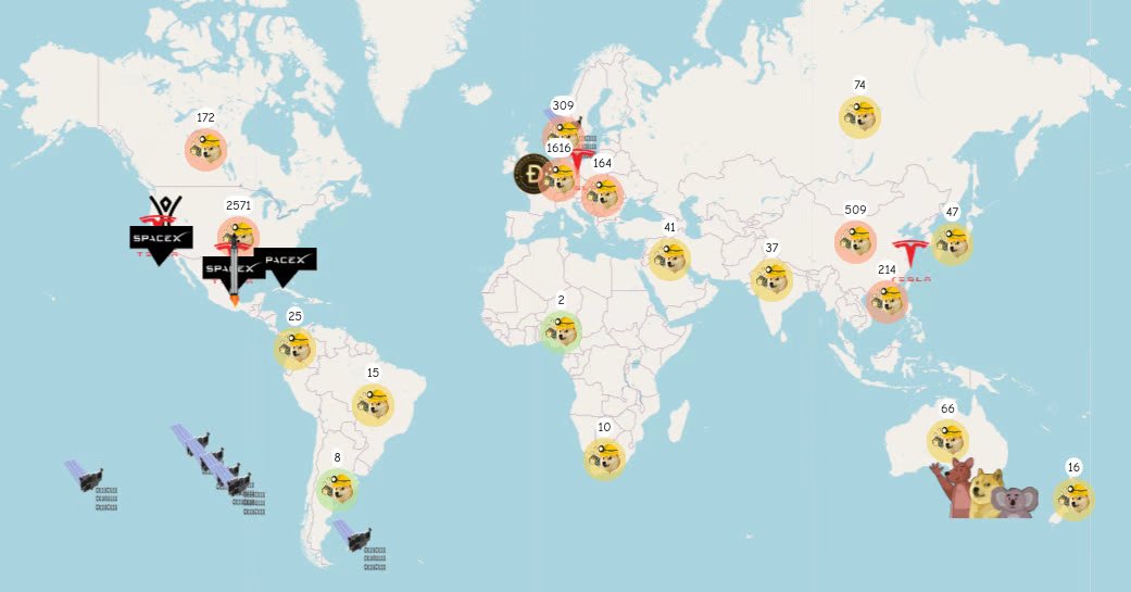 I nodi di Dogecoin nel mondo - Fonte: https://what-is-dogecoin.com/nodes/