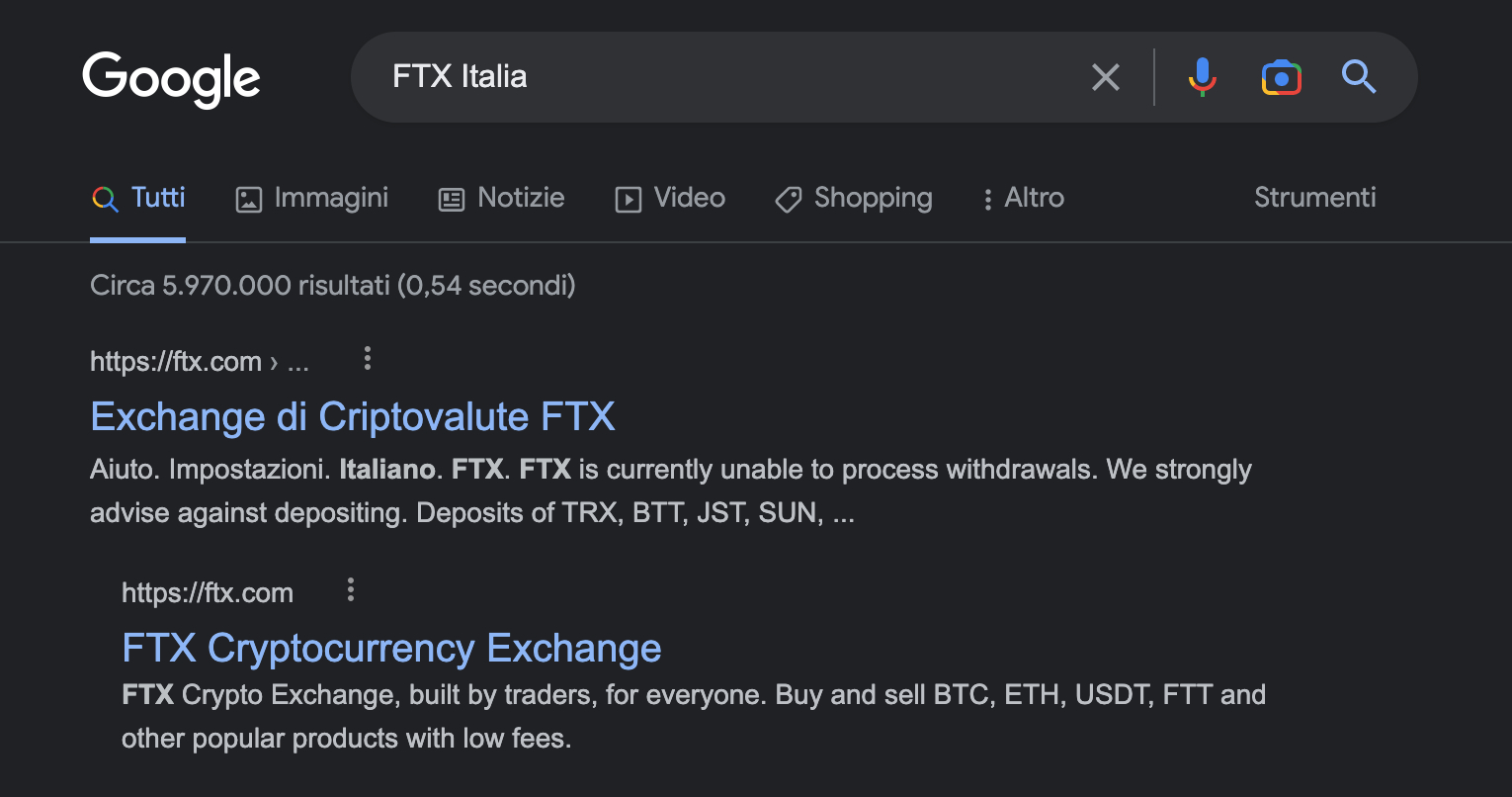 La pagina web di FTX cerrcando l'Exchange dall'Italia. &Egrave; tutto bloccato.