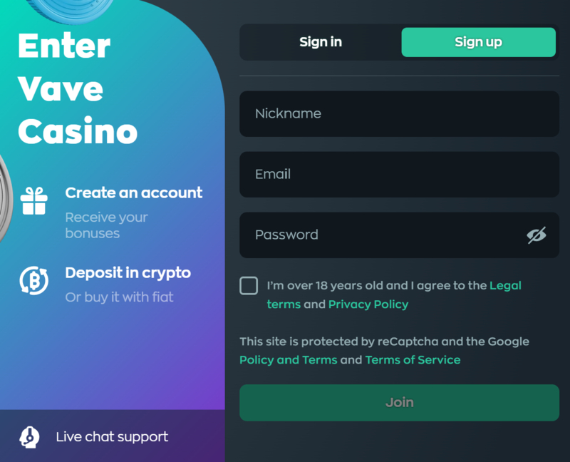 Vave Casino Signup Form