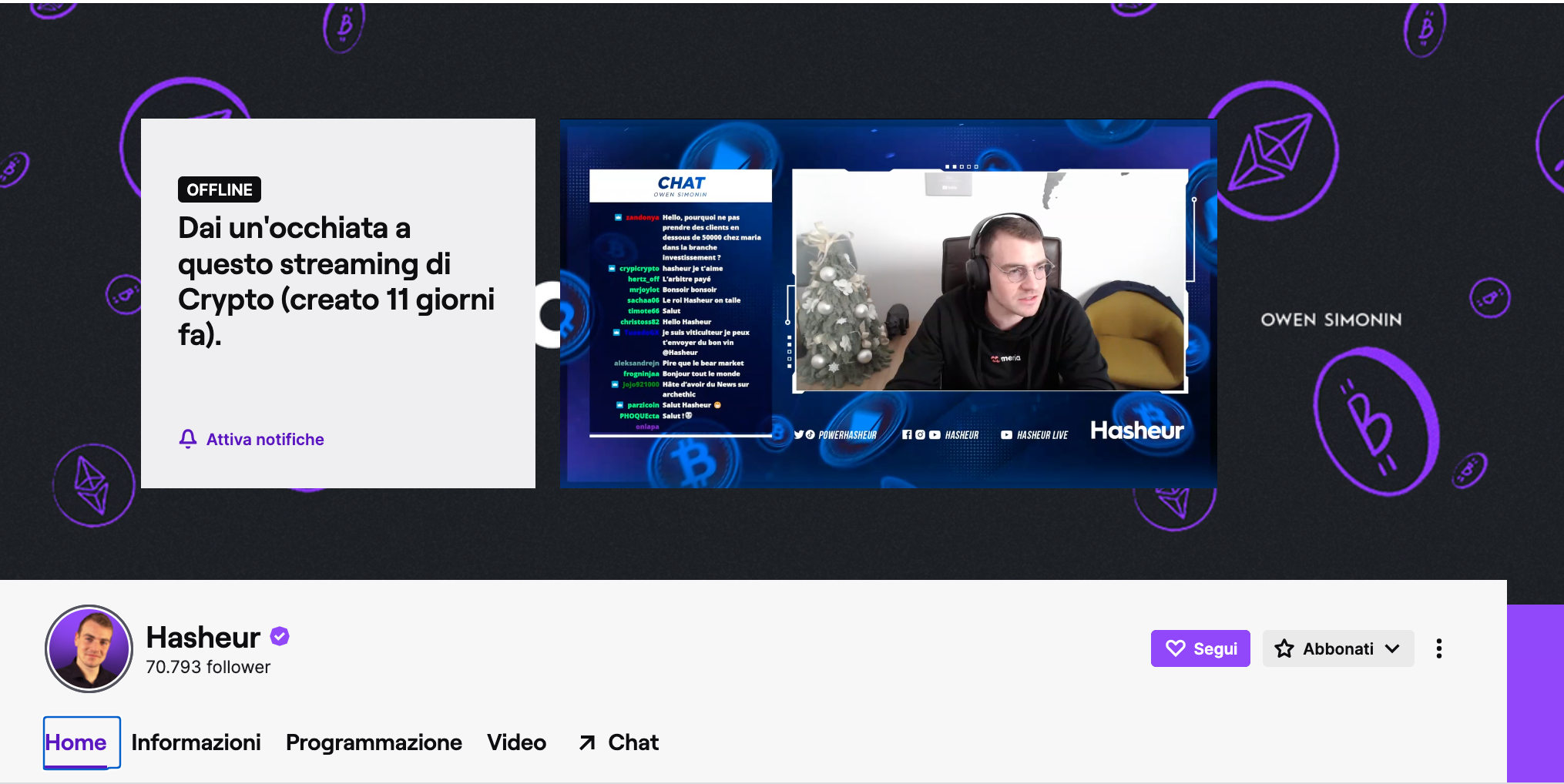 Hasheur - Celebre streamer crypto francese con quasi 71.000 follower