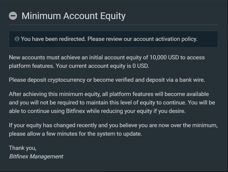 Bitfinex minimal equity