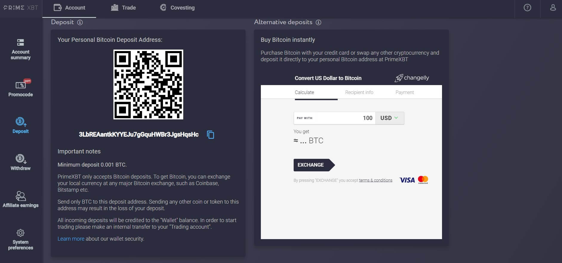 Prime XBT Changelly integration deposit