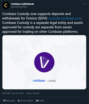 Coinbase Custody to Support Dvision Network (DVI) 101
