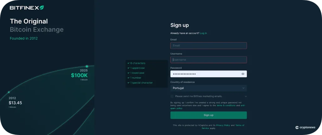 create an account on bitfinex