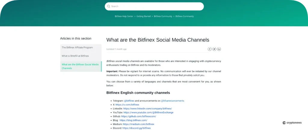 social media of bitfinex