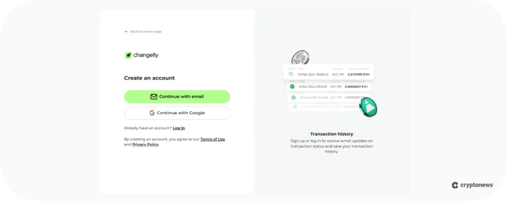 Changelly create account