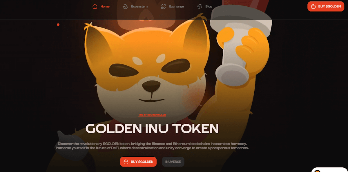 The website homepage of the Golden Inu meme coin
