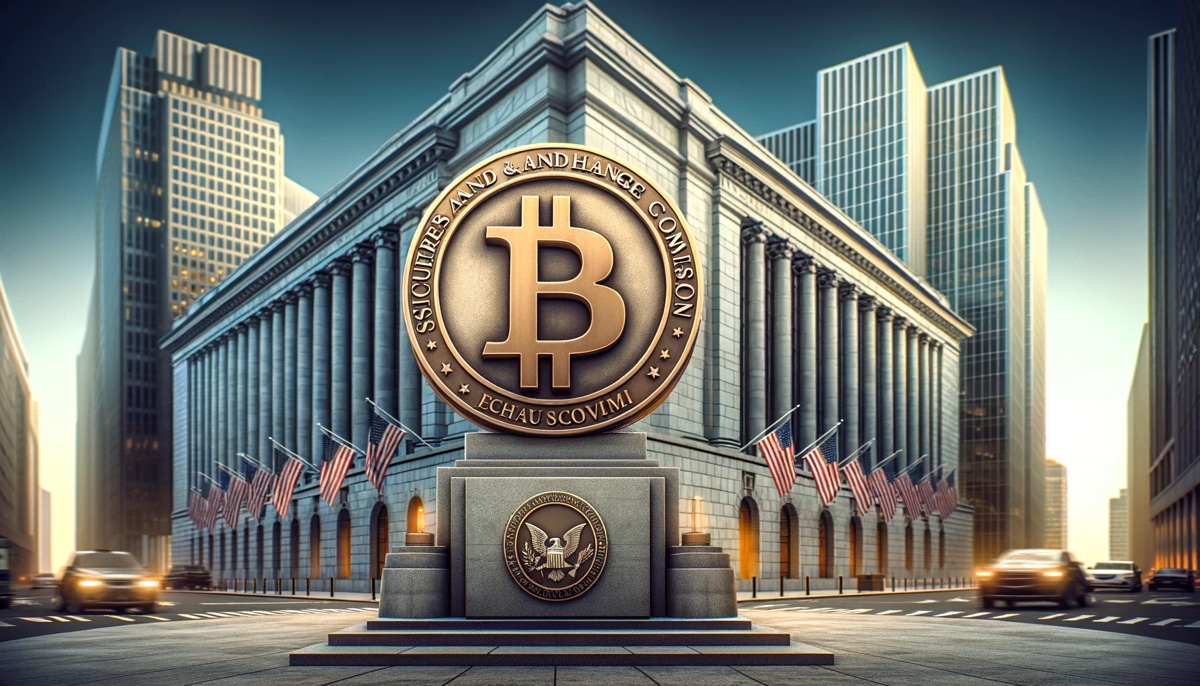 Illustration of a grand neoclassical building with a giant Bitcoin emblem, representing the concept of Bitcoin spot ETFs, surrounded by skyscrapers under a clear sky.