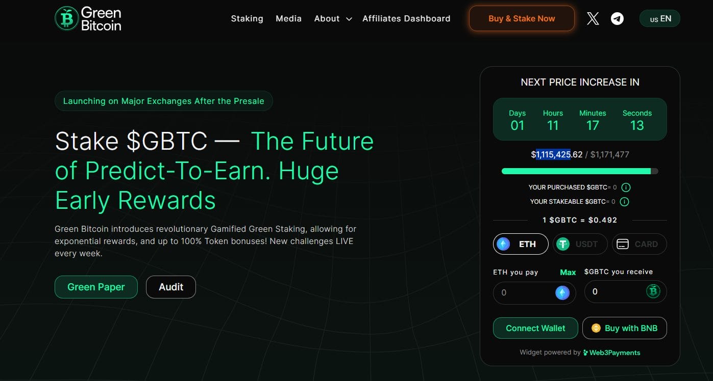 In revolution for Bitcoin, new token Green Bitcoin has smashed $1M raised in $GBTC presale - don't miss crypto price skyrocket on ERC-20!