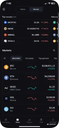 nexo app watchlist and market overview