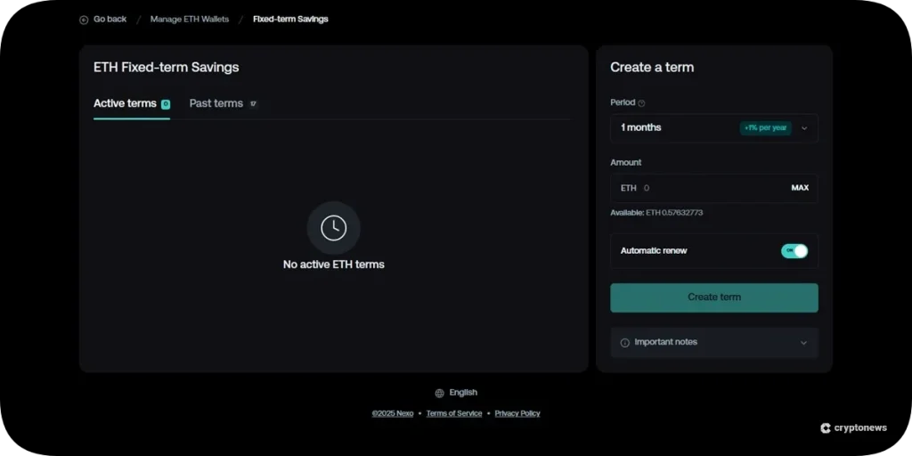 nexo ETH fixed-term savings overview