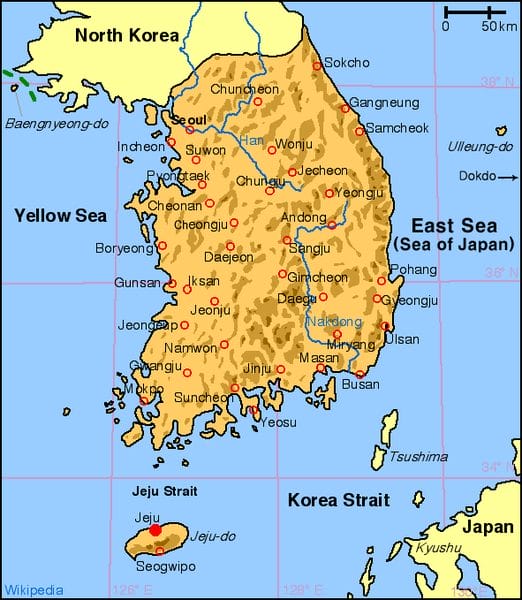 Un mapa de Corea del Sur.