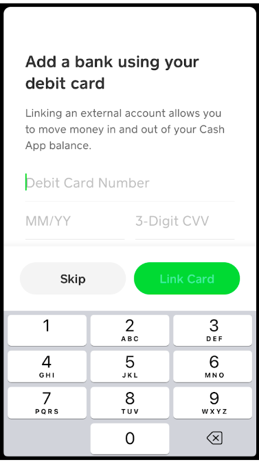 Adding card on Cash App
