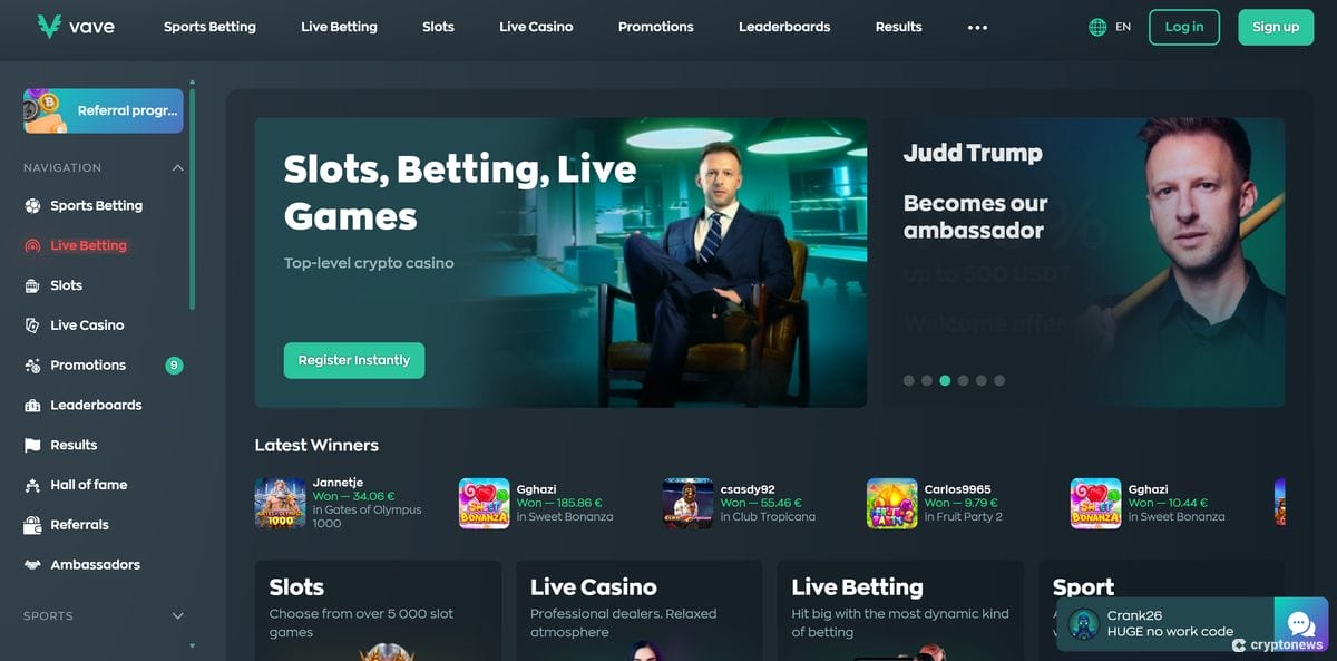 Vave Casino main page