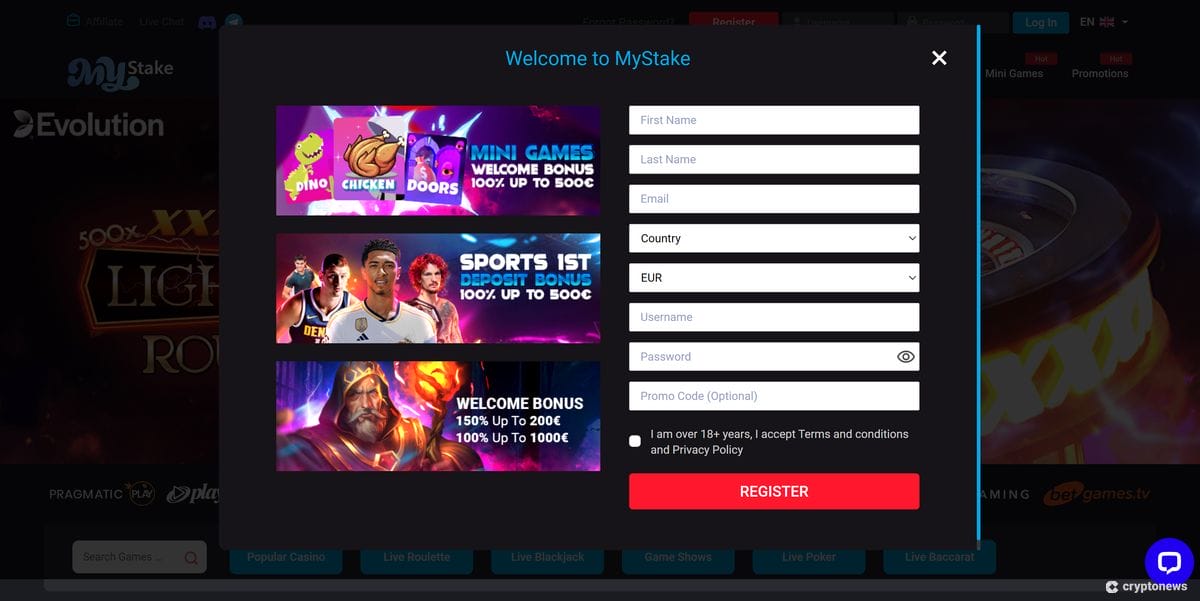 MyStake Casino sign-up 2 - non-UK casino