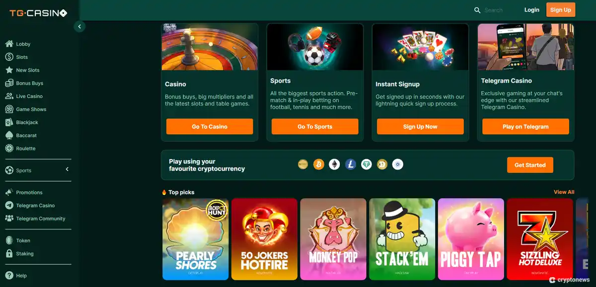 crypto gambling TG casino main page