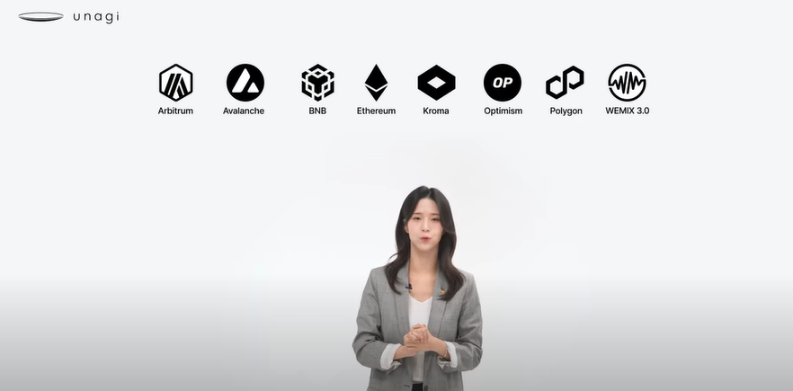A woman explains the features of the Unagi blockchain compatibility solution.
