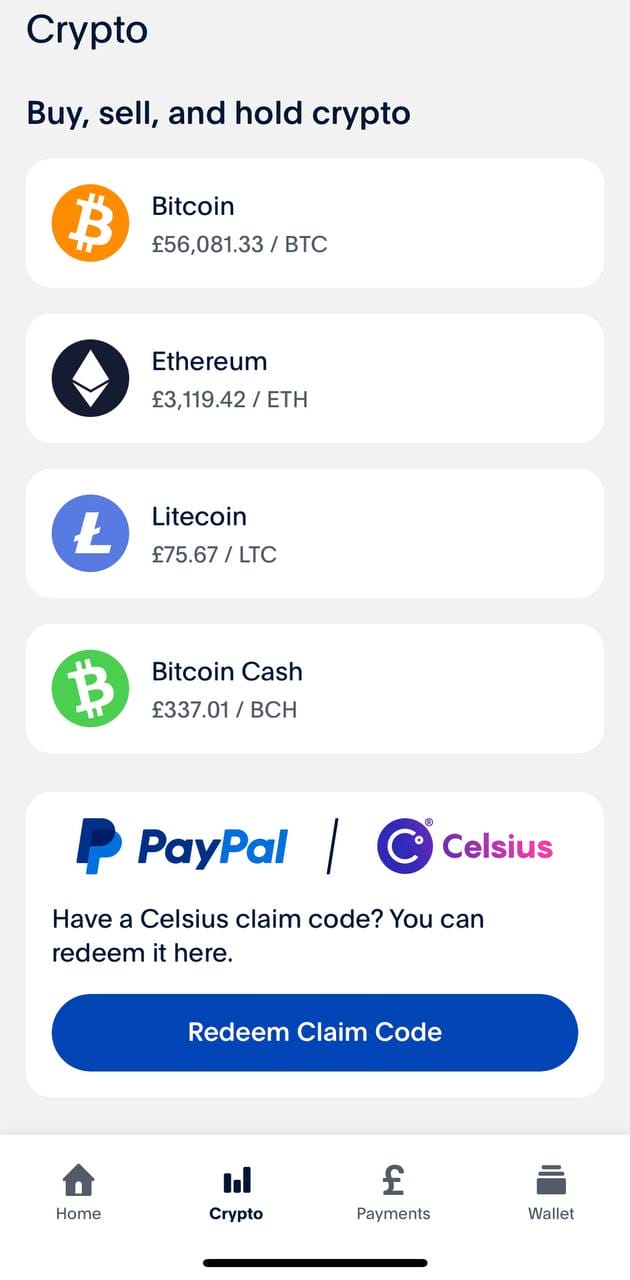 Crypto tab on PayPal