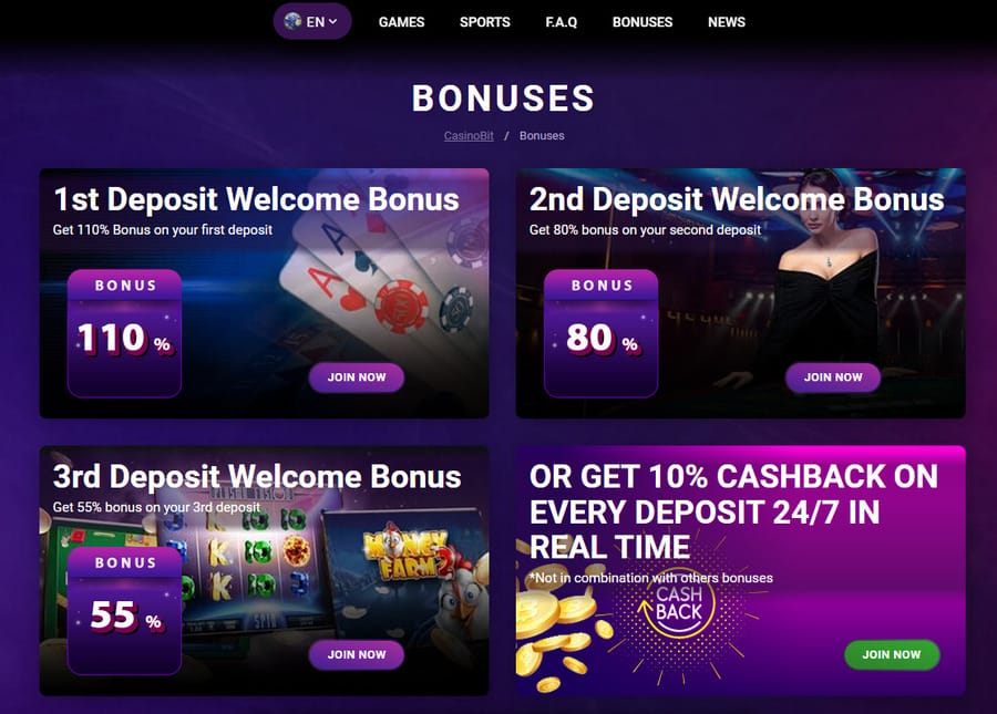 Choose Casinobit’s match deposit bonus package, and you can earn up to 4.6 BTC with your first three deposits.