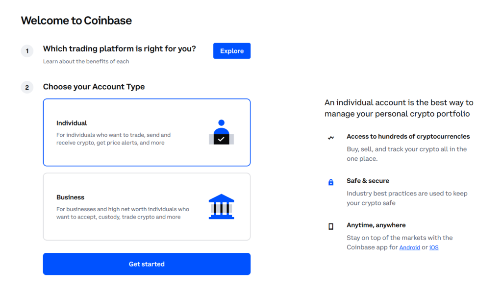 coinbase signup page one
