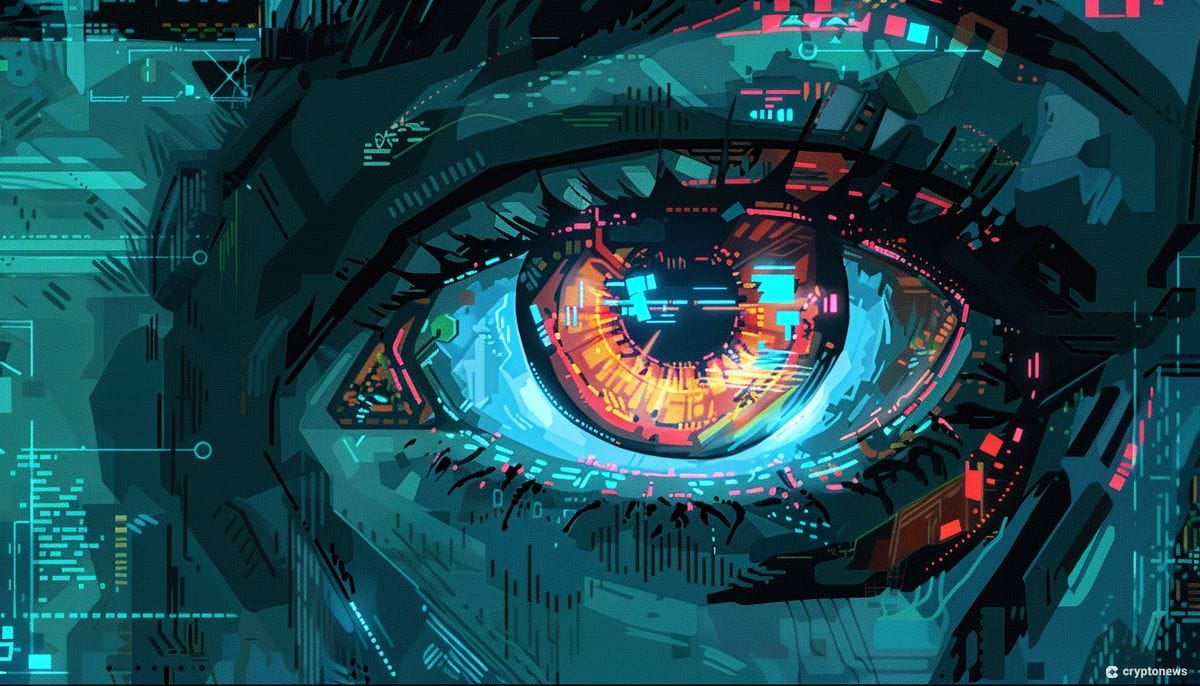 Futuristic digital eye artwork representing the Worldcoin Orb iris-scanning technology for identity verification on the blockchain network.