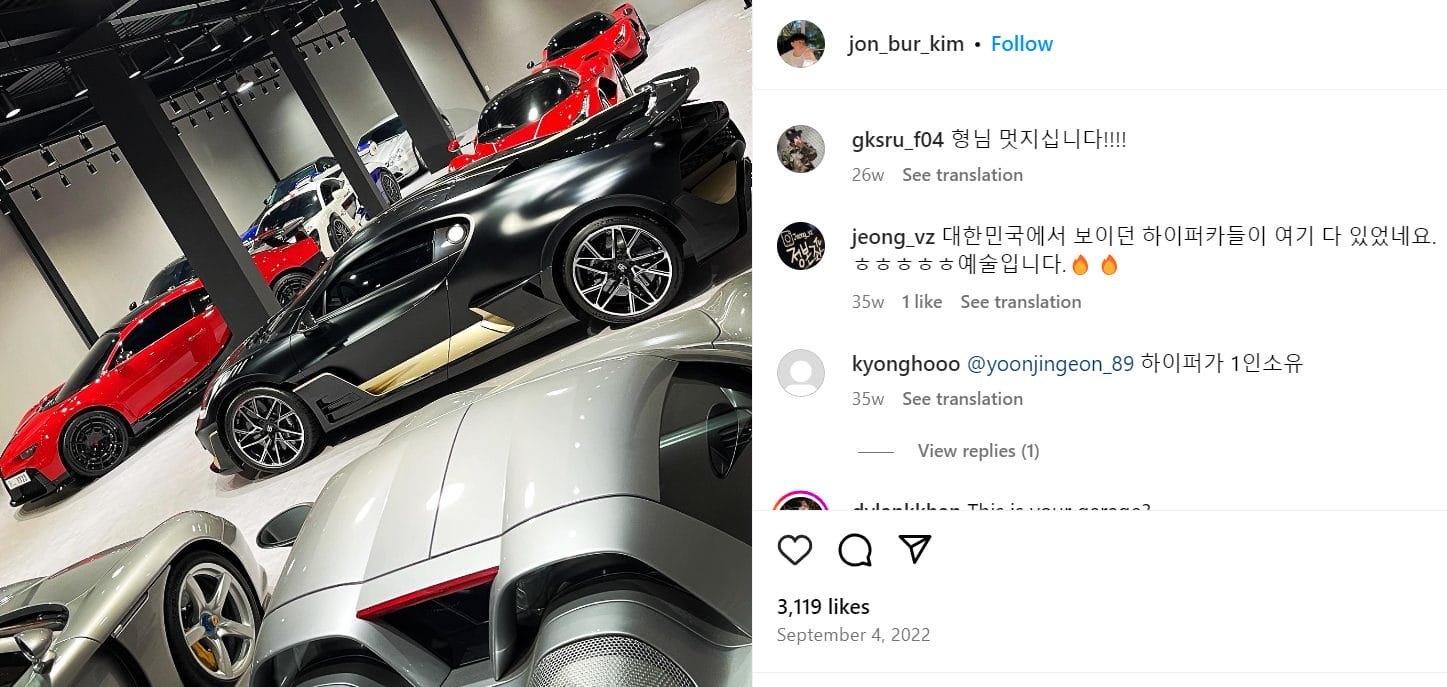 An Instagram post featuring a garage full of luxury sports cars.
