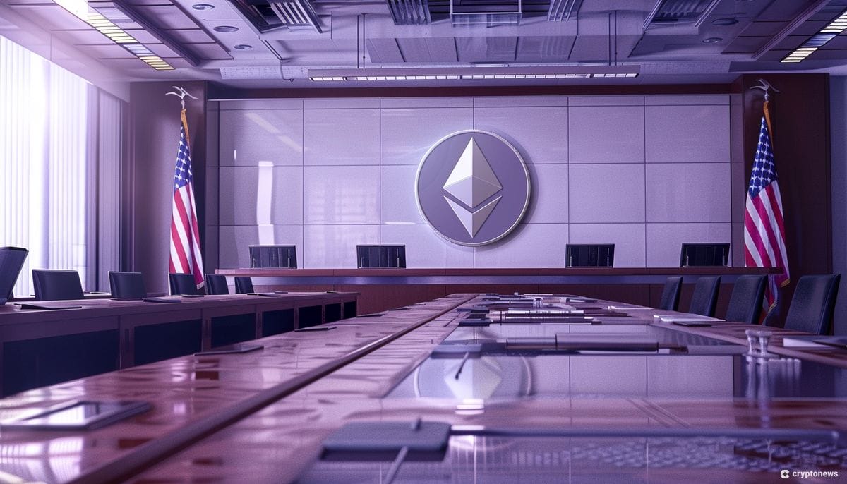 A room with Ethereum logo on the wall, symbolizing Defiant ETFs move to apply for ETH futures ETF